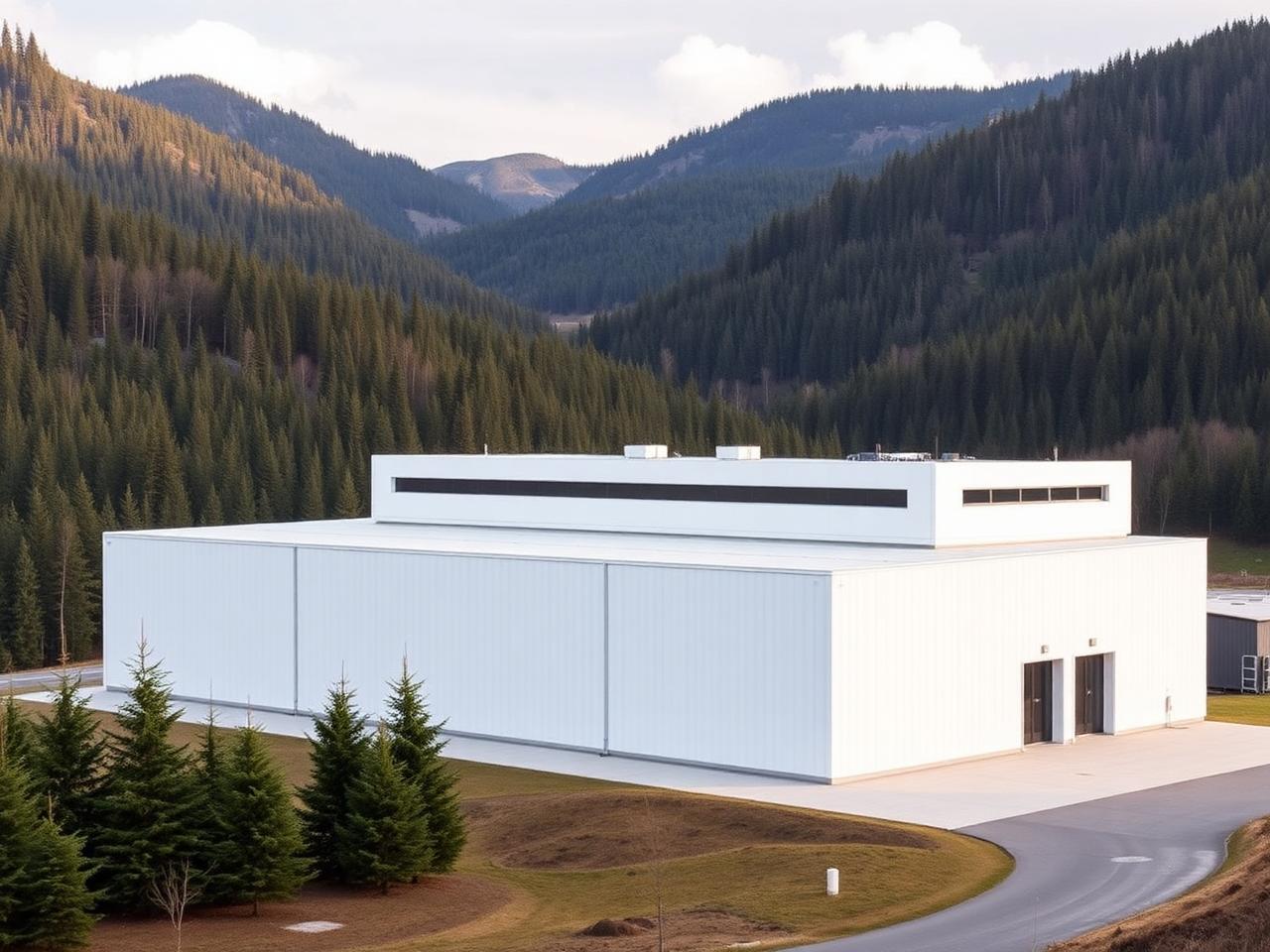 Modern Nordic data center in forested landscape