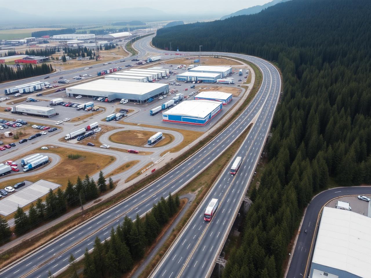 Aerial view of logistics park along a Norwegian transport corridor